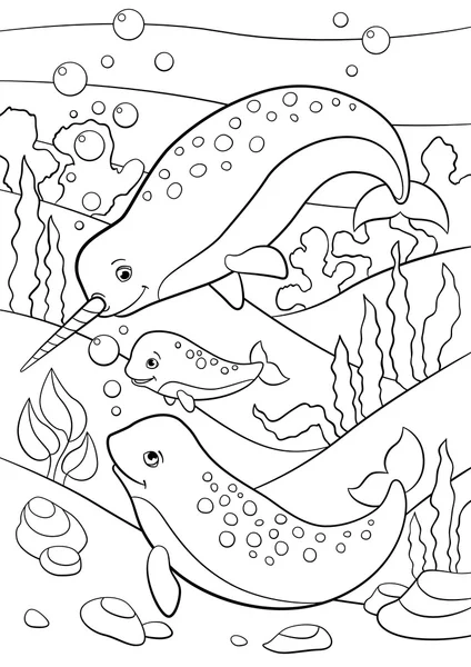 Coloring pages. Mother, father and baby narwhals swim. — Stockový vektor