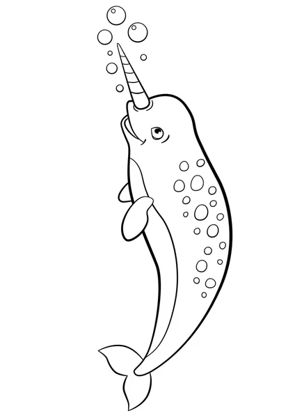 Coloring pages. Little cute narwhal swims. — Stockový vektor