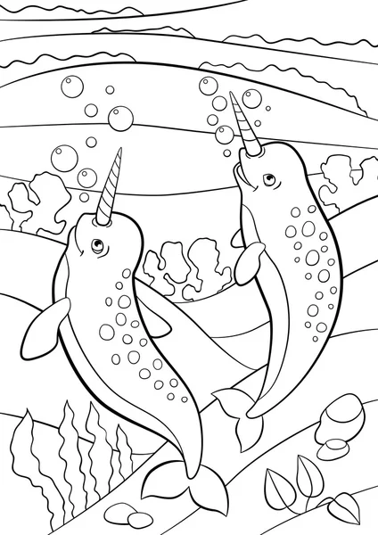 Coloring pages. Two little cute narwhals swim underwater. — Stock Vector