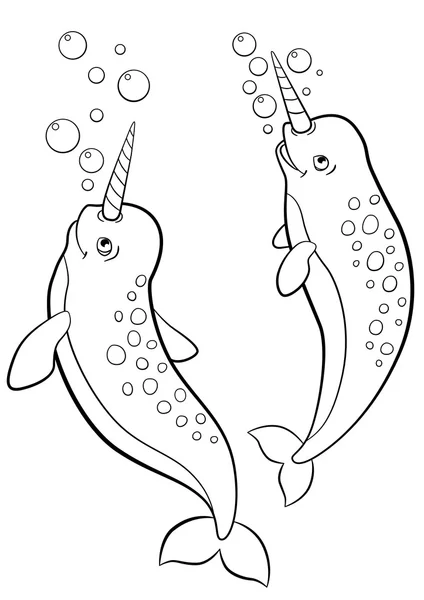 Coloring pages. Two little cute narwhals smile. — Stock vektor