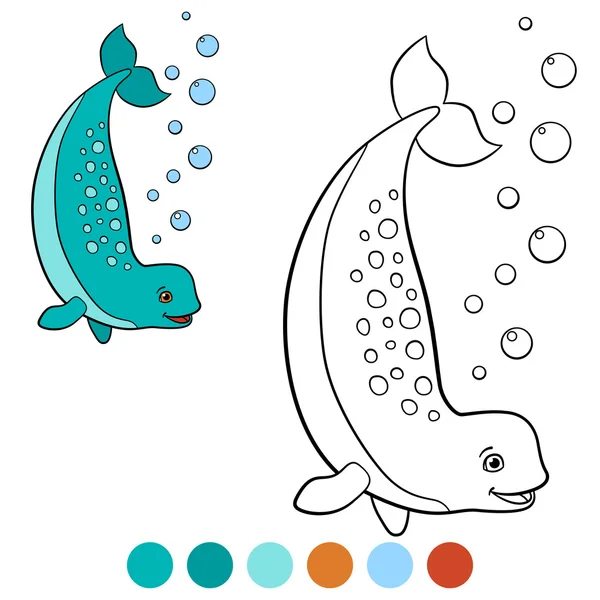 Coloring pages: narwhal. Little cute lady narwhal smiles. — Stock vektor