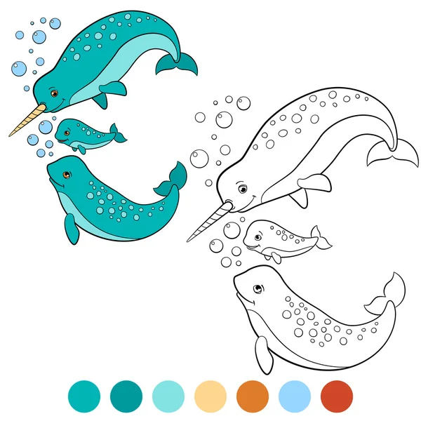 Coloring pages: narwhal. Mother, father and baby narwhals. — Stock vektor