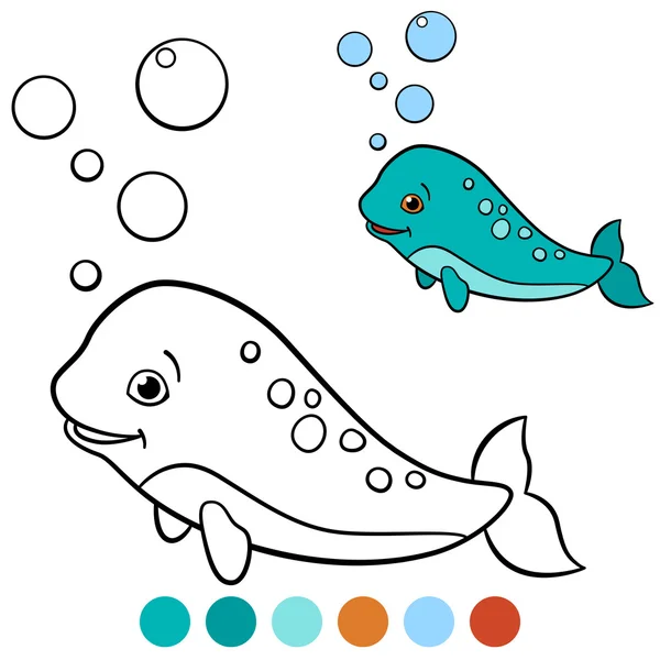 Coloring pages: narwhal. Little cute baby narhwal swims. — Stock vektor