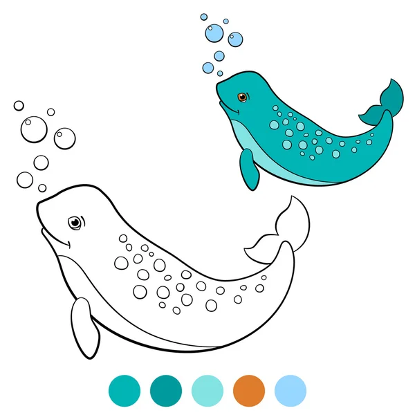 Coloring pages: narwhal. Little cute lady narwhal smiles. — Stock Vector