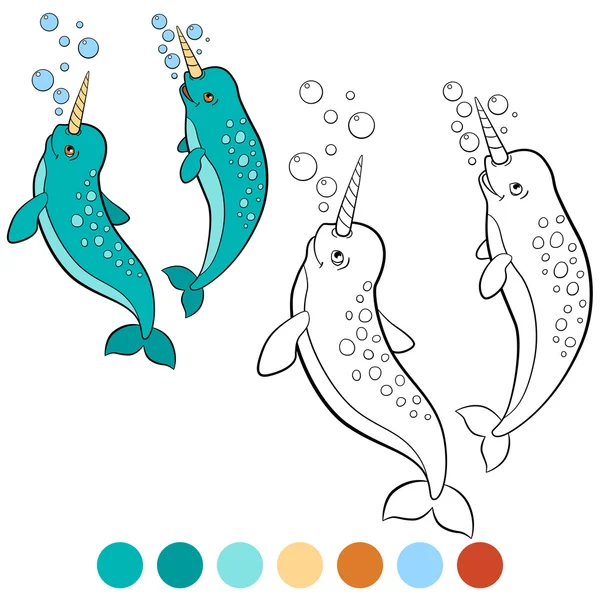 Coloring pages: narwhal. Two little cute narwhals smile. — Stock Vector
