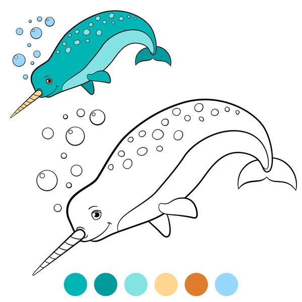 Boyama sayfaları: boynuzlu balina. Küçük şirin boynuzlu balina yüzer. — Stok Vektör