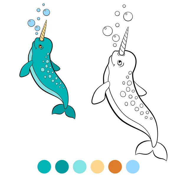 Coloring pages: narwhal. Little cute narwhal swims. — Stock Vector