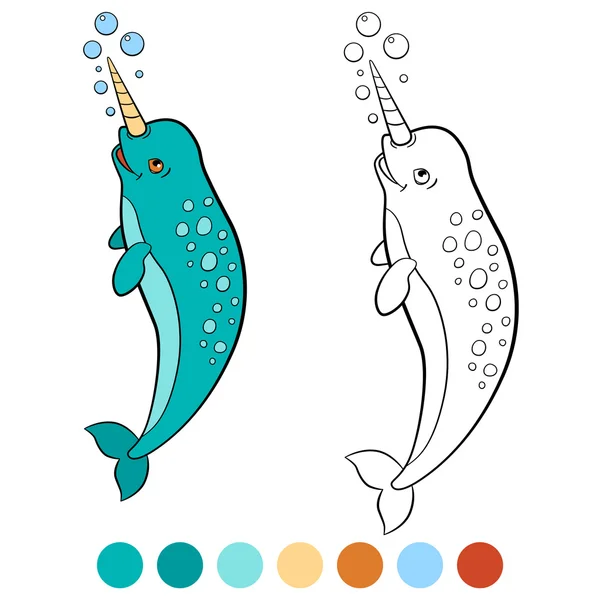 Coloring pages: narwhal. Little cute narwhal swims. — Stock vektor