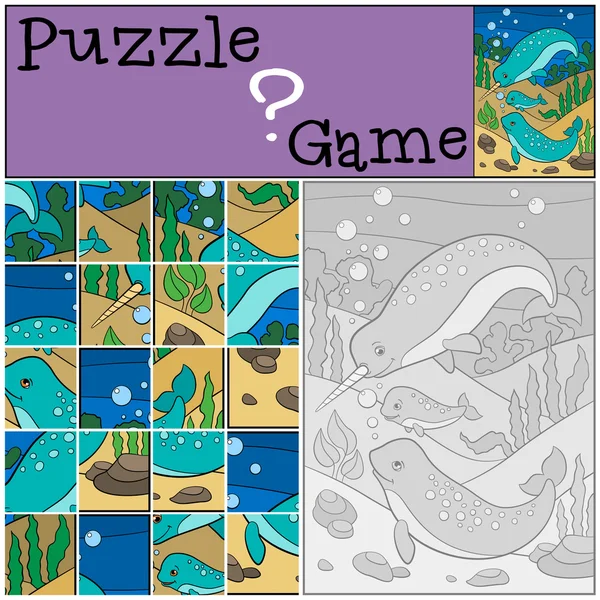 Juego de educación: Puzzle. Familia Narval bajo el agua . — Vector de stock
