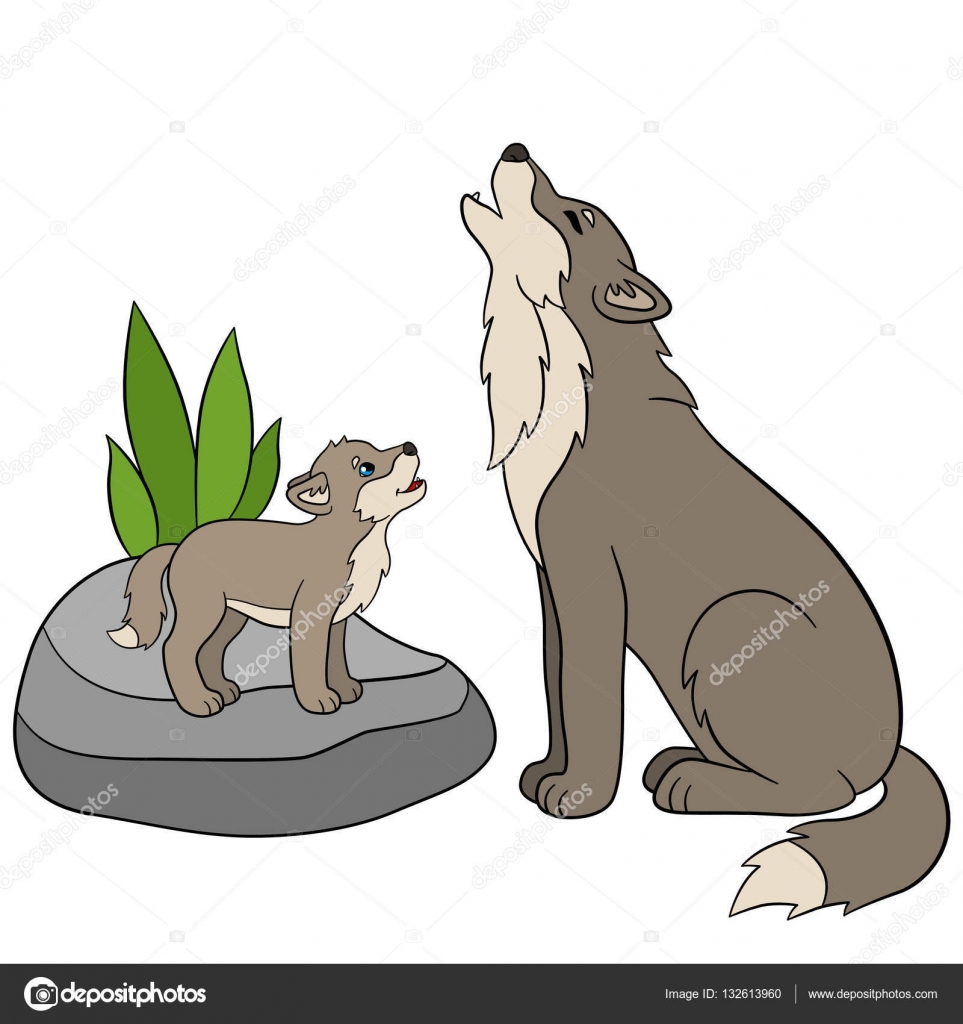 Animales de dibujos animados. Padre lobo aullar con su pequeño bebé .  Vector de stock #132613960 de ©ya-mayka, image size:963x1024