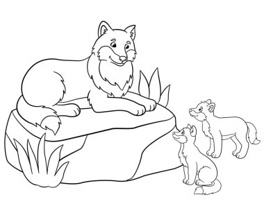 Boyama sayfaları. Küçük şirin bebekleri ile şirin güzel kurt.