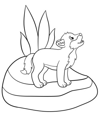 Boyama sayfaları. Küçük şirin bebek kurt uluyor ve standları.