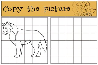 Eğitici bir oyun: resmi kopyalayın. Sevimli güzel kurt gülümsüyor.