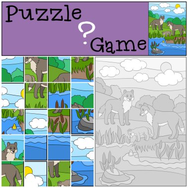 Eğitim oyun: Puzzle. Bebek annesi ve babası kurt bakmak.