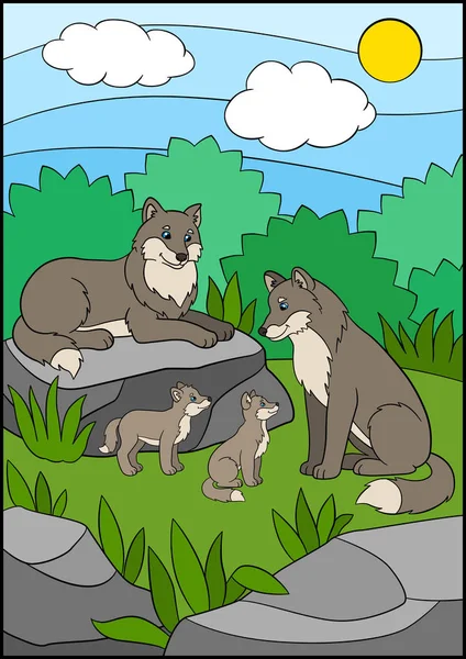 Animais de desenhos animados. Mãe e pai lobos com seus bebês bonitos —  Vetores de Stock