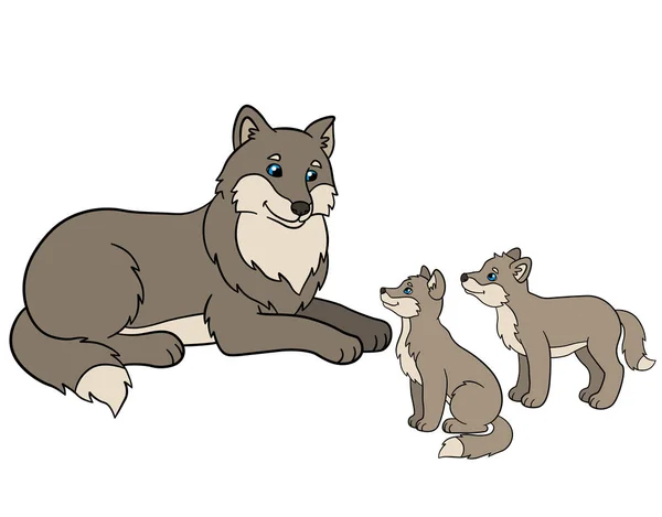 Animales de dibujos animados. Madre lobo con sus pequeños bebés . — Vector de stock