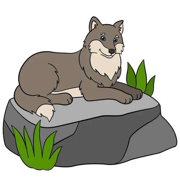 Kreskówka zwierząt. Piękny słodkie Wilk leżącego na kamieniu. — Wektor stockowy