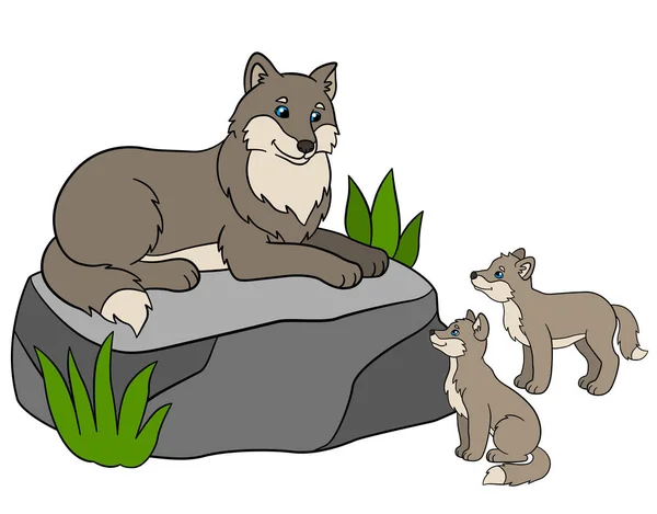 Animais de desenhos animados. Mãe lobo com seus filhotes . — Vetor de Stock