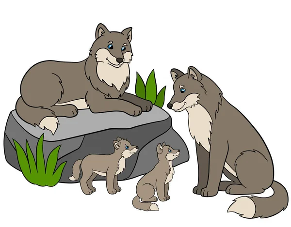 Ζώα κινουμένων σχεδίων. Μητέρα και ο πατέρας τους λύκους με χαριτωμένα μωρά τους — Διανυσματικό Αρχείο