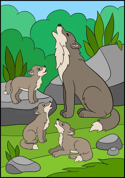 Animali dei cartoni animati. Padre lupo ulula con i suoi bambini piccoli . — Vettoriale Stock