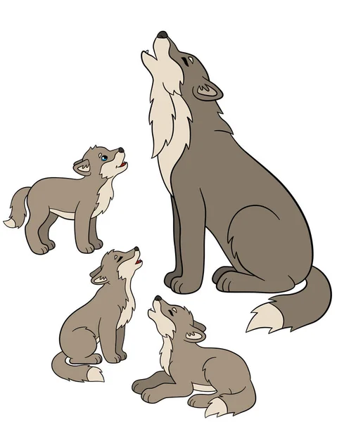 Animais de desenhos animados. Pai lobo uiva com seus filhotes . — Vetor de Stock