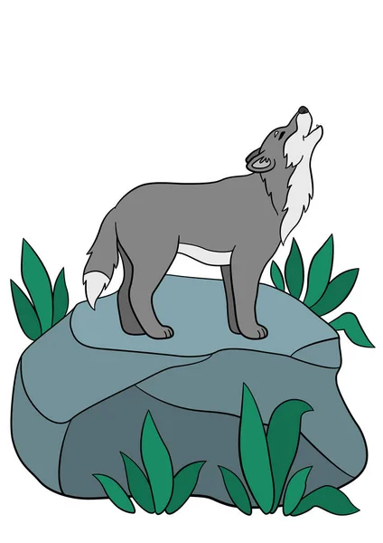 Cartoon animals. Beautiful wolf howls. — Stock Vector