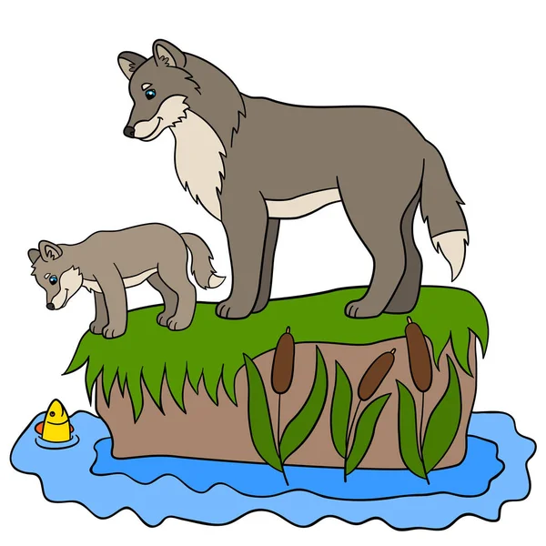 Ζώα κινουμένων σχεδίων. Λύκος πατέρα με το μωρό του. — Διανυσματικό Αρχείο