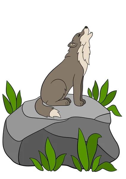Cartoon animals. Cute beautiful wolf howling. — Stock Vector