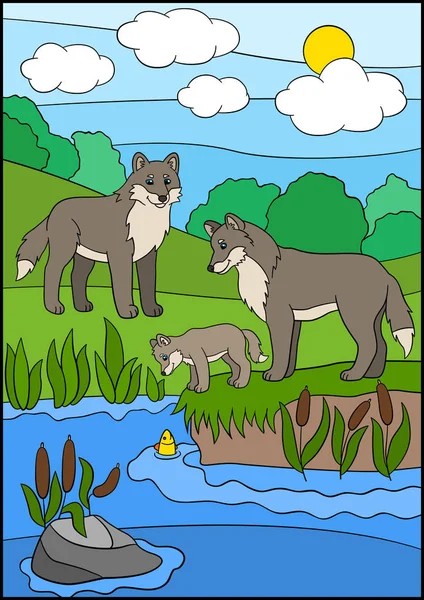 Animales de dibujos animados. Madre y padre lobos mira a su bebé . — Archivo Imágenes Vectoriales