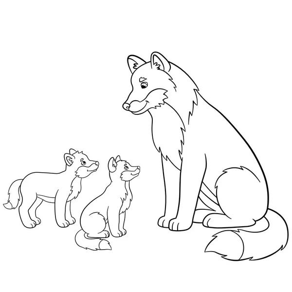 Páginas para colorear. Padre lobo con sus pequeños bebés . — Vector de stock