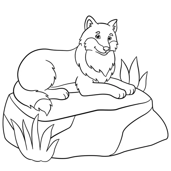 Coloring pages. Cute beautiful wolf lies on the stone. — Stock Vector