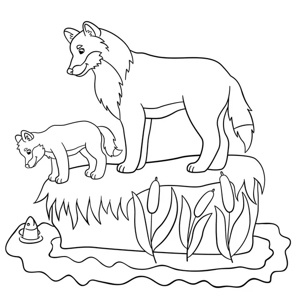 Coloriages. Père loup avec son joli bébé . — Image vectorielle