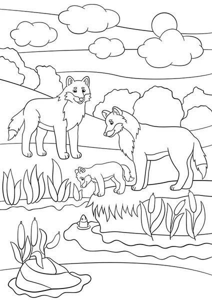 Páginas para colorear. Madre y padre lobos mira a su bebé . — Vector de stock