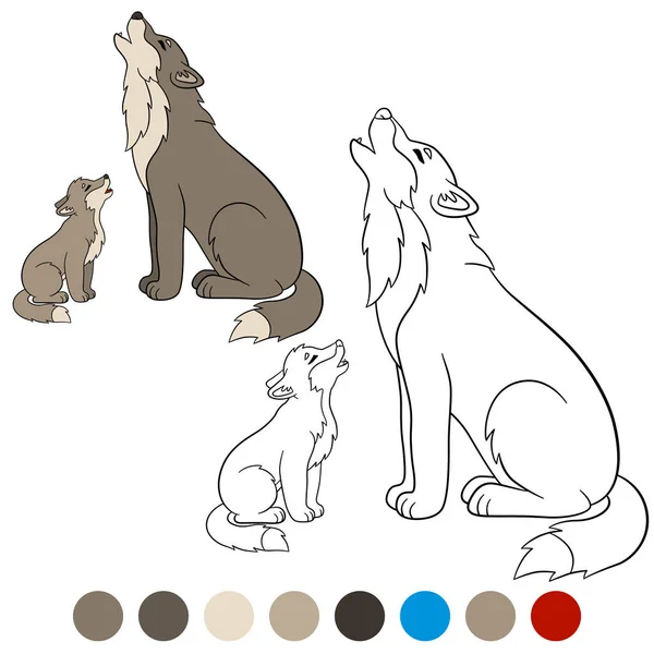 Barva mi: Vlk. Otec Vlk vytí se svým malým dítětem. — Stockový vektor