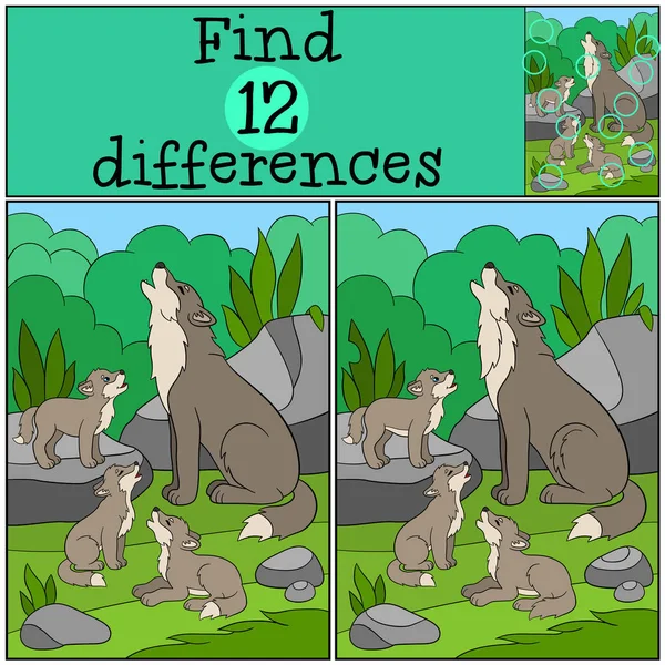 Jogo educativo: Encontrar diferenças. Pai lobo uiva com seu b — Vetor de Stock