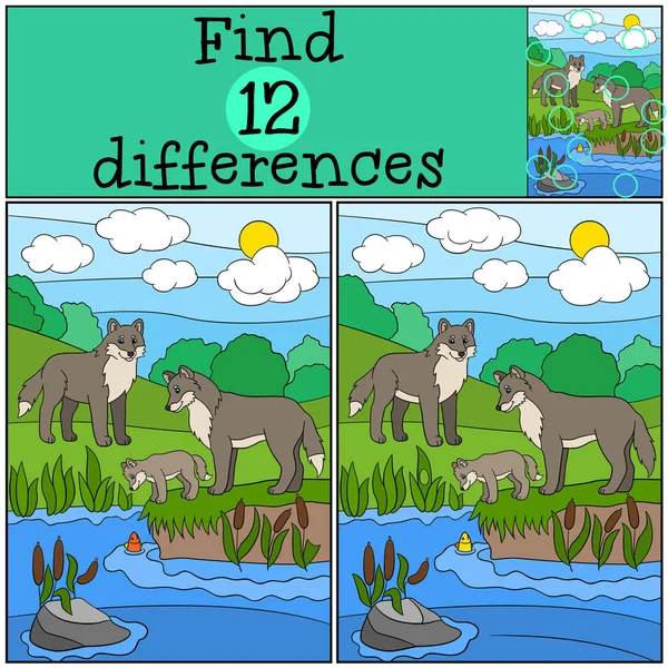 Educational game: Find differences. Mother and father wolf with — Stock Vector