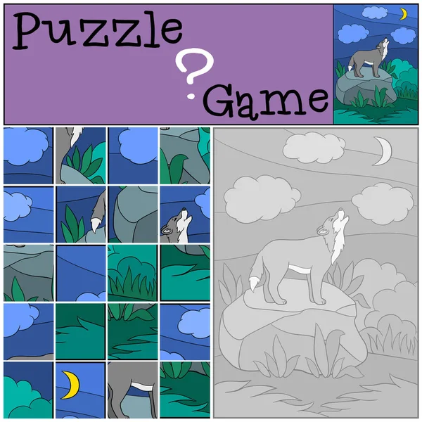 Edukacja gry: Puzzle. Ładny piękny wilka wycie do księżyca. — Wektor stockowy