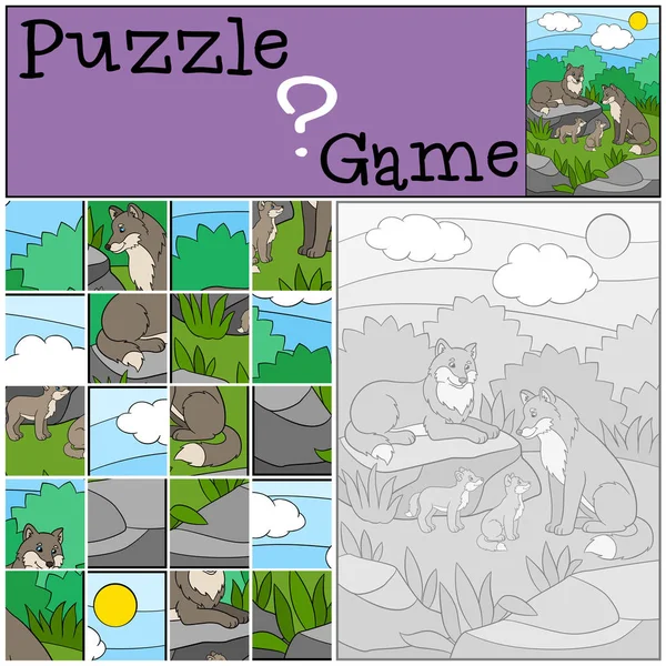 Juego de educación: Puzzle. Familia Wolf . — Vector de stock