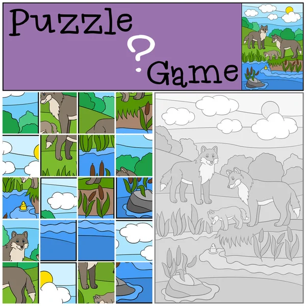 Eğitim oyun: Puzzle. Bebek annesi ve babası kurt bakmak. — Stok Vektör