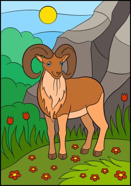 Karikatür hayvanlar. Büyük boynuzlu şirin güzel urial.