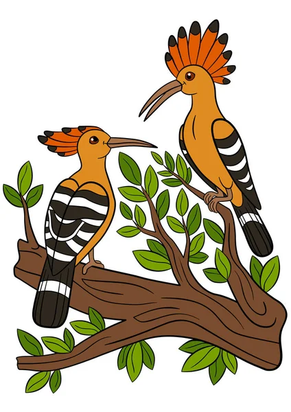 Pájaros de dibujos animados. Dos hermosas abucheos se sientan en la rama . — Vector de stock