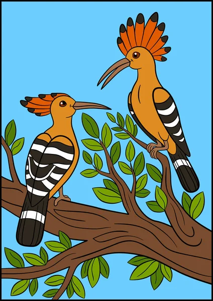 Zeichentrickvögel. zwei schöne Wiedehopfe sitzen auf dem Ast. — Stockvektor