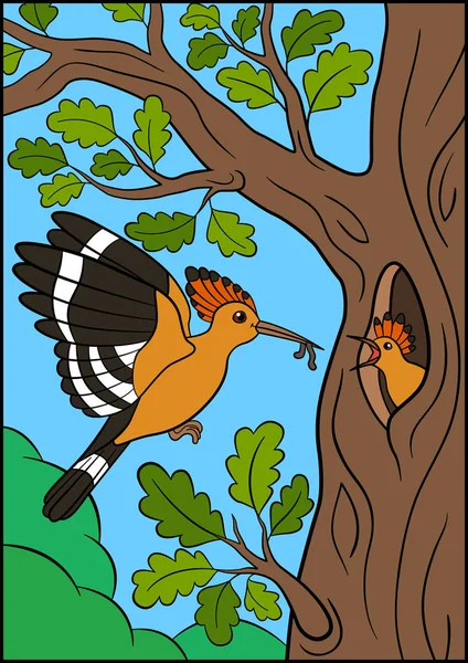Zeichentrickvögel. Wiedehopf-Mutter füttert ihr kleines Baby. — Stockvektor