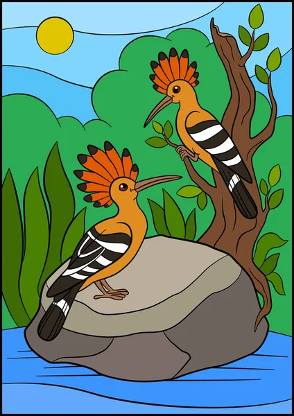 Pájaros de dibujos animados. dos lindo hermosa hoopoes sonrisa . — Vector de stock