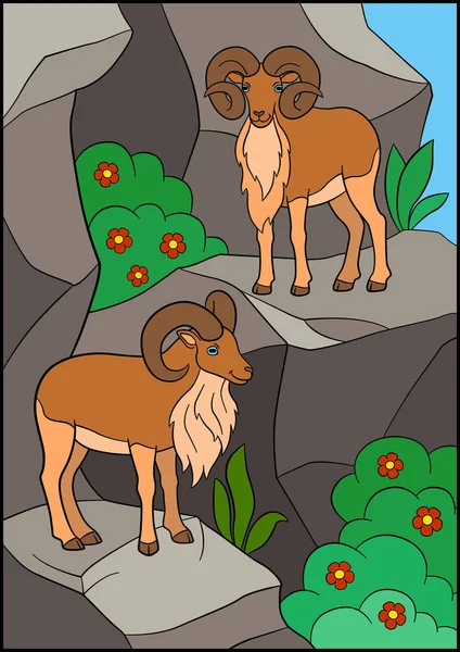 Animales de dibujos animados. Dos hermosas uriales con grandes cuernos . — Vector de stock