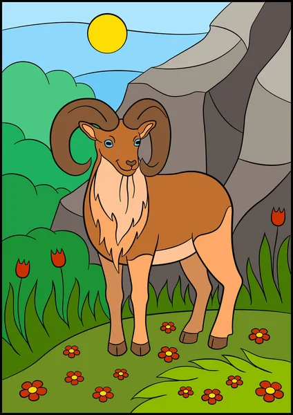 Tecknad djur. Söt vacker urial med stora horn. — Stock vektor