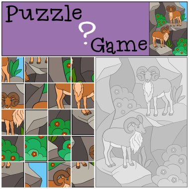 Eğitim oyun: Puzzle. İki güzel urials mounta üzerinde durmak
