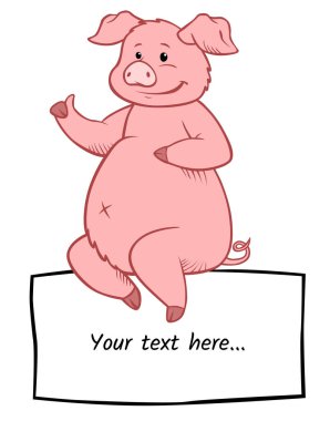 Metninizi buraya koyun. Sevimli gülümseyen domuz pankartta oturuyor.. 
