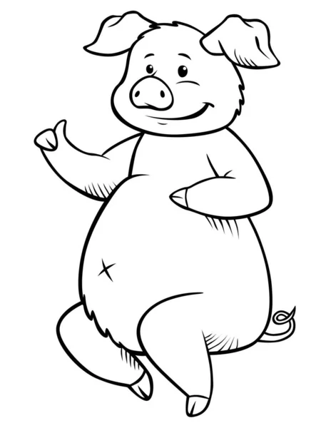 Cute pig sits and smiles. Thumb up! Coloring page. — Stock Vector