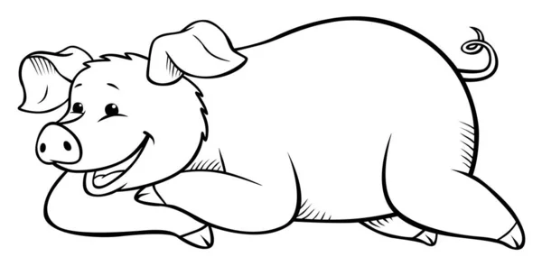 可爱的笑猪躺在床上笑着。 着色页. — 图库矢量图片